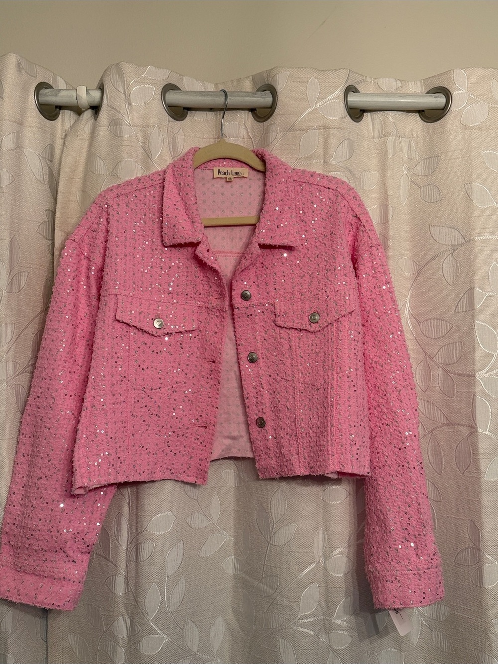 Peach Love California Pink Sequin Tweed Cropped Jacket
